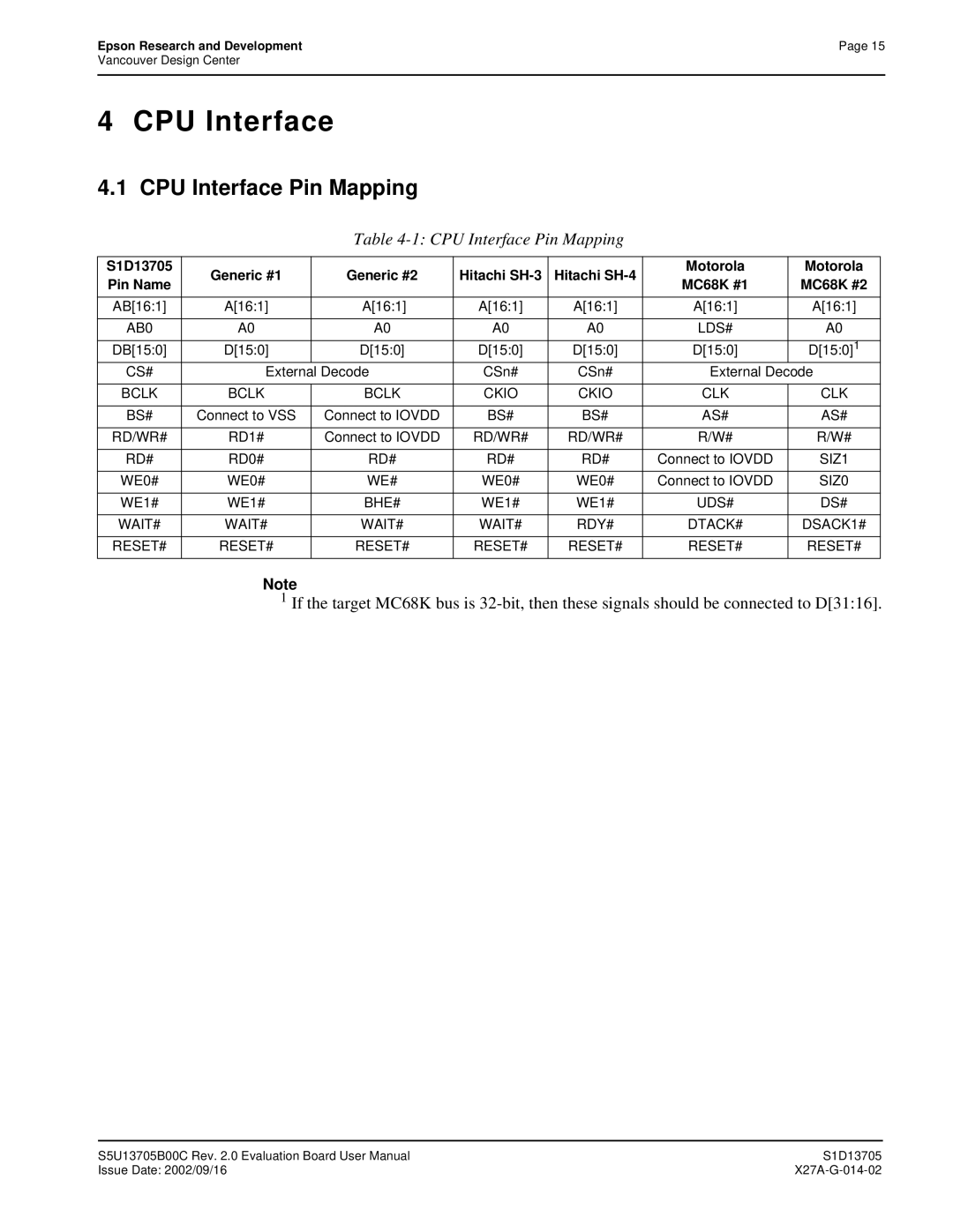 Epson S1D13705 technical manual CPU Interface Pin Mapping 