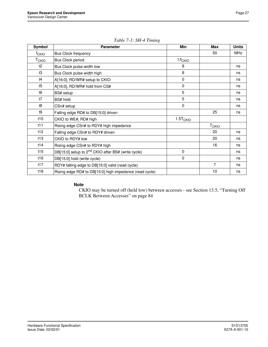 Epson S1D13705 technical manual Symbol Parameter Min Max Units, Bus Clock frequency MHz, Bus Clock period 