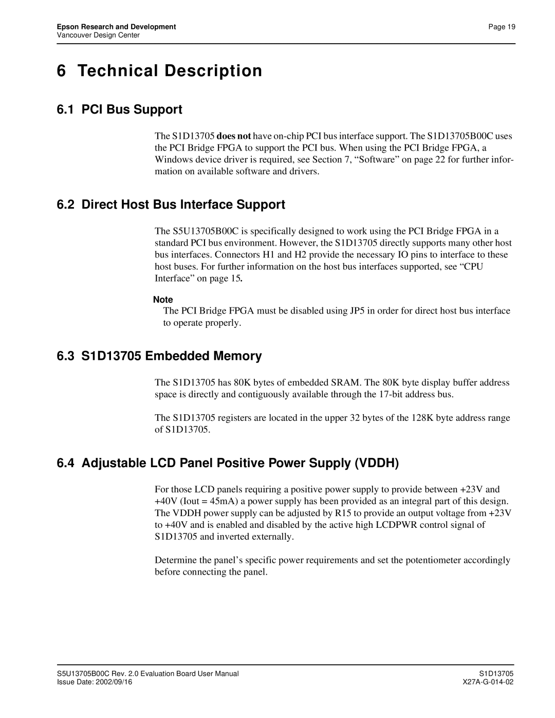 Epson technical manual PCI Bus Support, Direct Host Bus Interface Support, S1D13705 Embedded Memory 