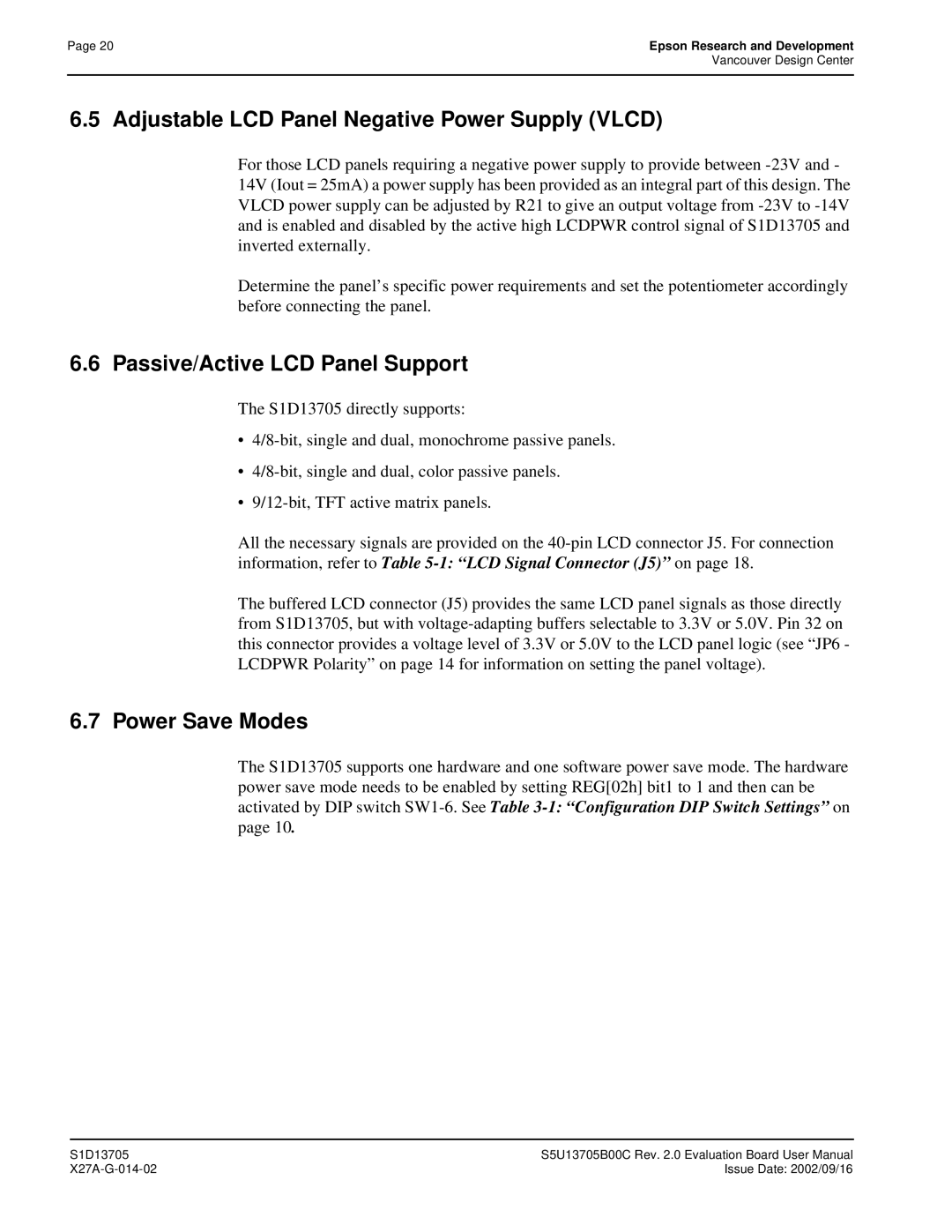 Epson S1D13705 technical manual Adjustable LCD Panel Negative Power Supply Vlcd, Passive/Active LCD Panel Support 