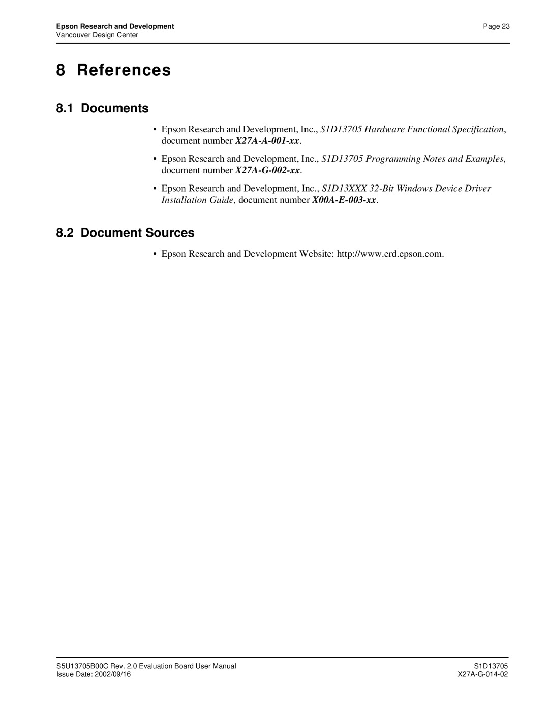 Epson S1D13705 technical manual References, Documents, Document Sources 