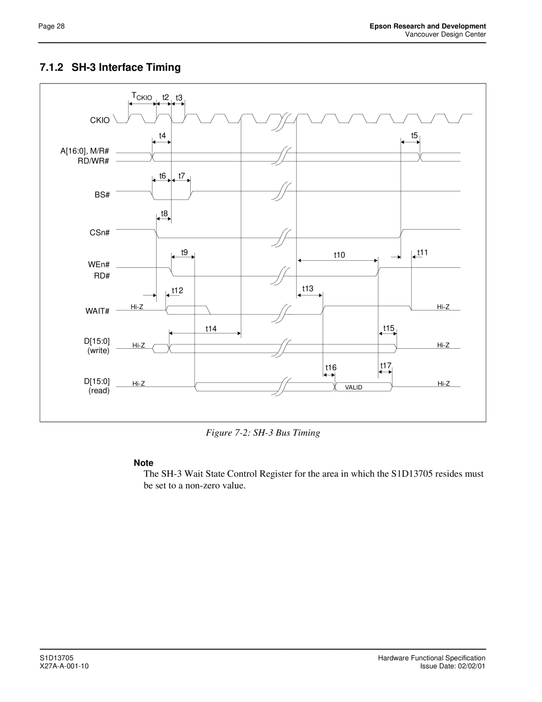 Epson S1D13705 technical manual 2 SH-3 Interface Timing, T12 T13, T14 T15 D150, Write T16 T17 D150 