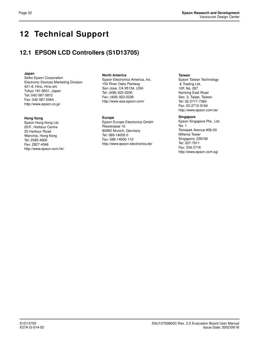 Epson technical manual Technical Support, Epson LCD Controllers S1D13705 