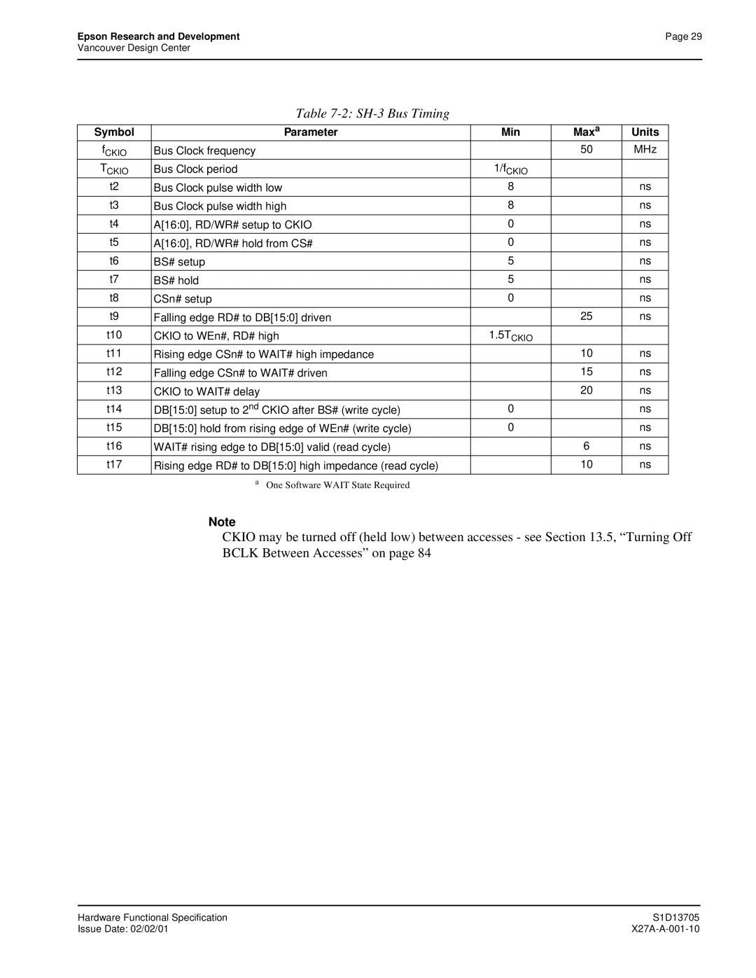 Epson S1D13705 technical manual Symbol Parameter Min Maxa Units 