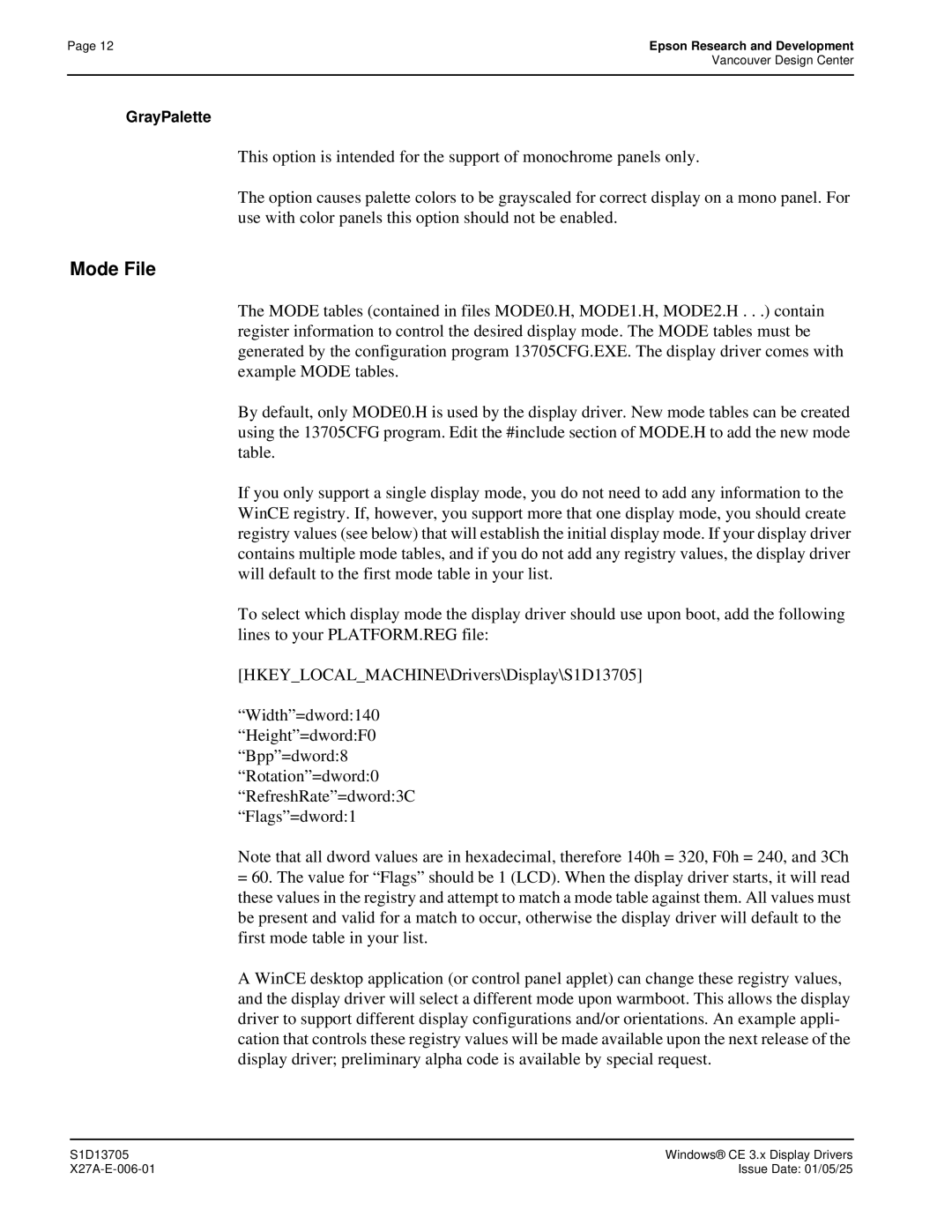 Epson S1D13705 technical manual GrayPalette 