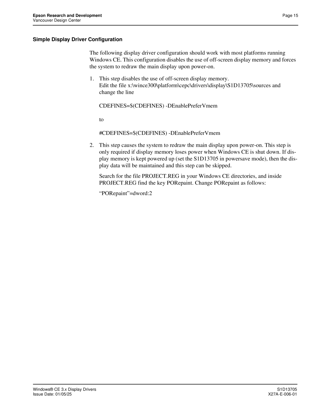 Epson S1D13705 technical manual Simple Display Driver Configuration 