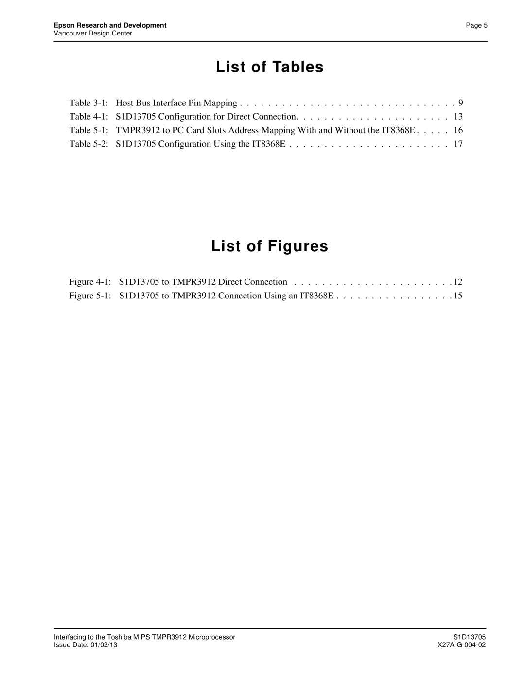 Epson technical manual S1D13705 to TMPR3912 Direct Connection, S1D13705 to TMPR3912 Connection Using an IT8368E 