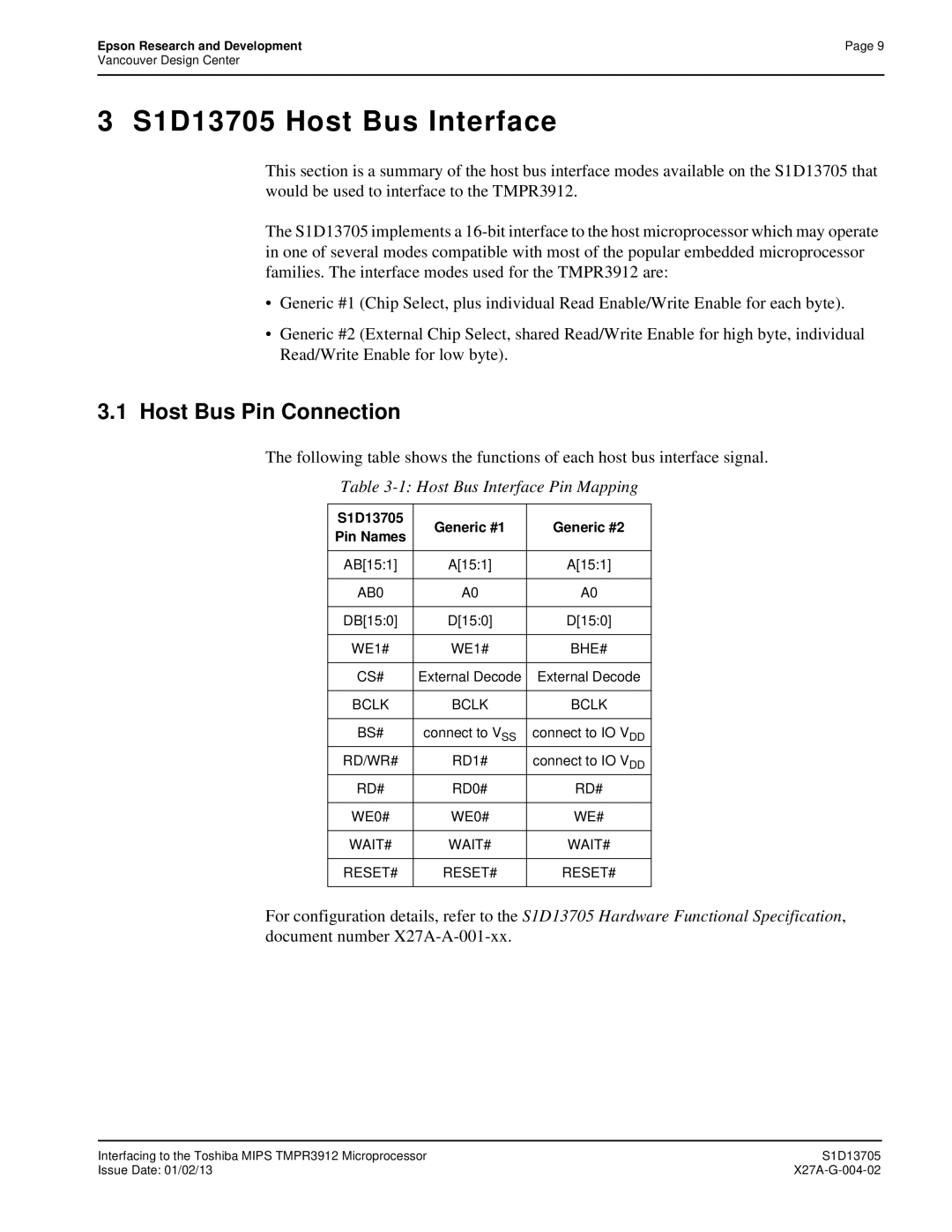 Epson S1D13705 Host Bus Interface, Host Bus Pin Connection, S1D13705 Generic #1 Generic #2 Pin Names, AB151 A151 