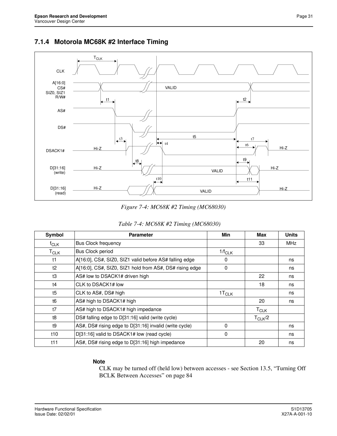 Epson S1D13705 Motorola MC68K #2 Interface Timing, AS# high to DSACK1# high AS# high to DSACK1# high impedance 