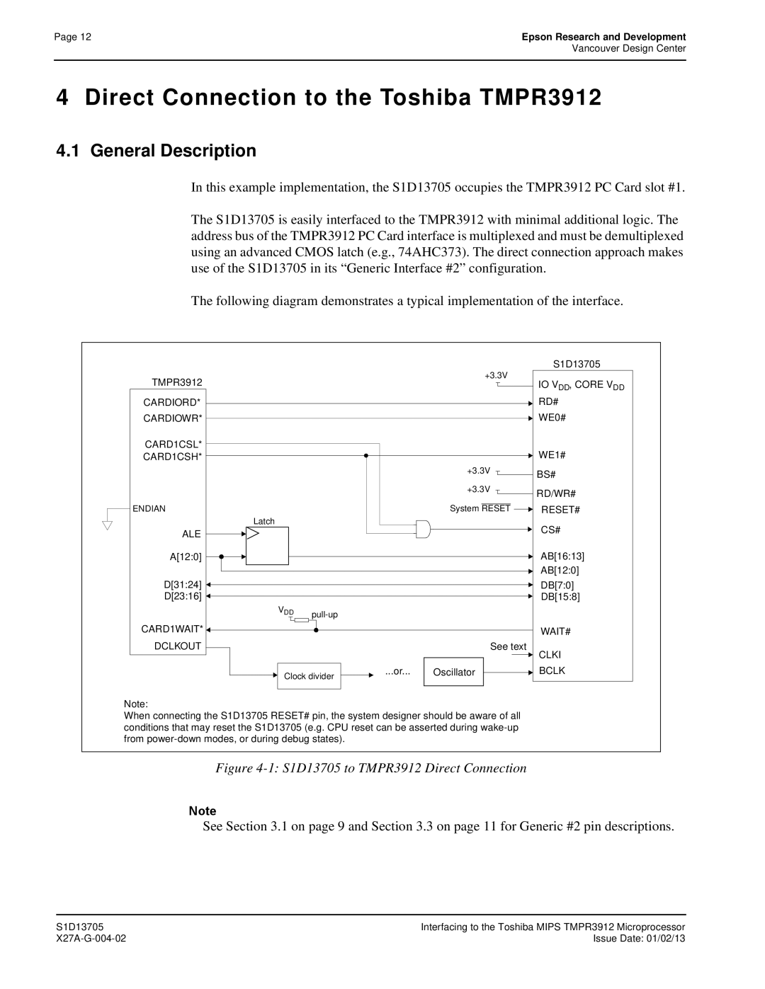 Epson S1D13705 technical manual Direct Connection to the Toshiba TMPR3912, General Description 