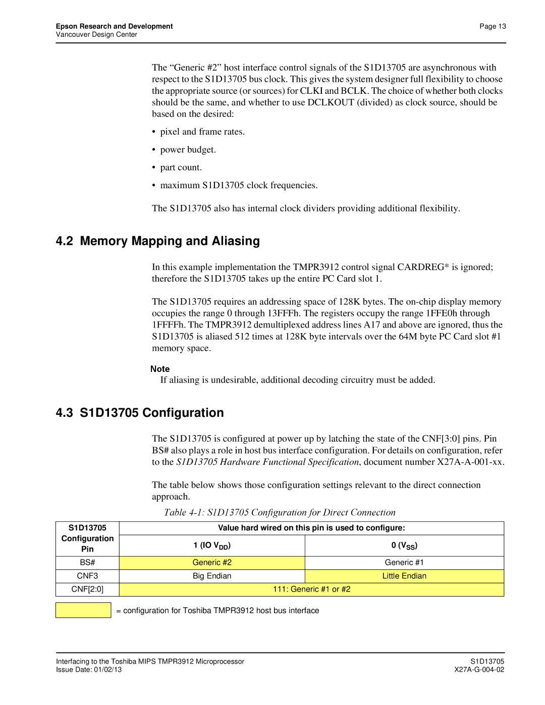 Epson technical manual Memory Mapping and Aliasing, S1D13705 Configuration for Direct Connection, Big Endian, CNF20 