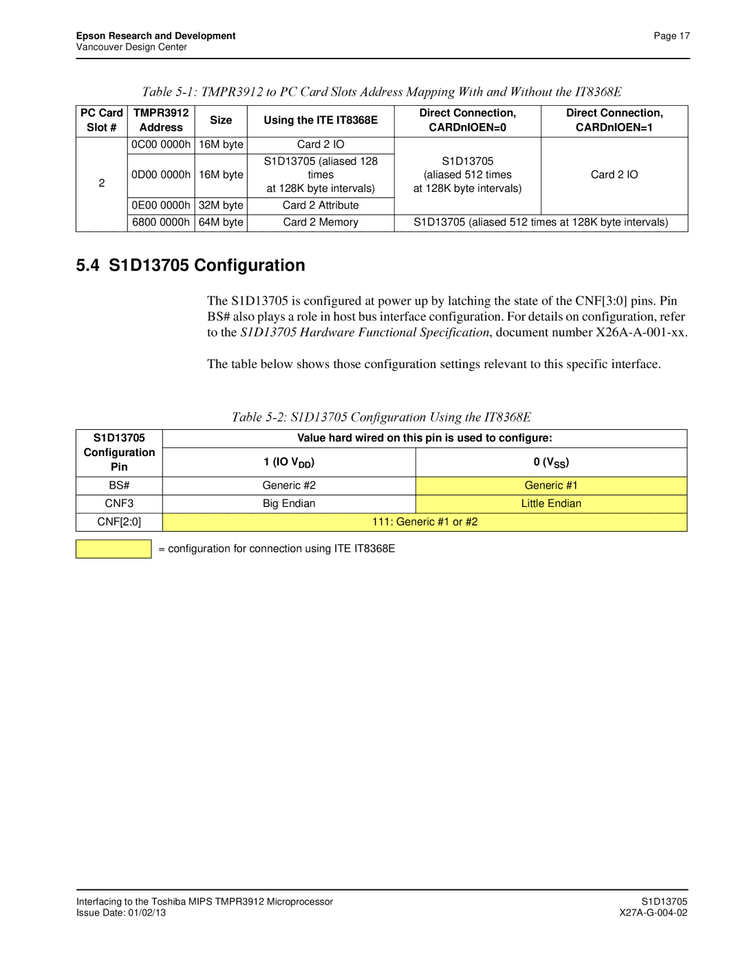 Epson technical manual S1D13705 Configuration Using the IT8368E, 16M byte Card 2 IO, 32M byte Card 2 Attribute 