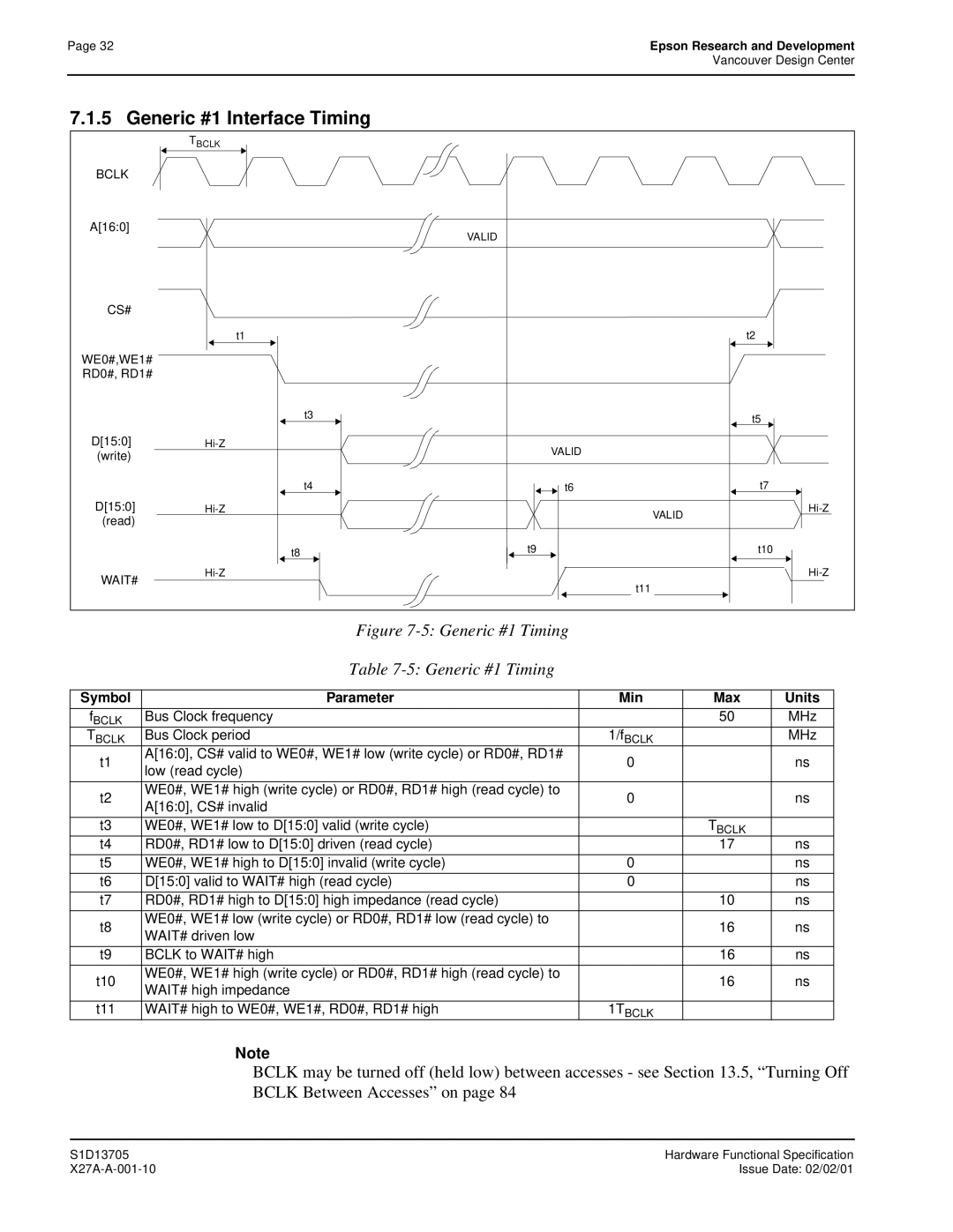 Epson S1D13705 technical manual Generic #1 Interface Timing, Generic #1 Timing 