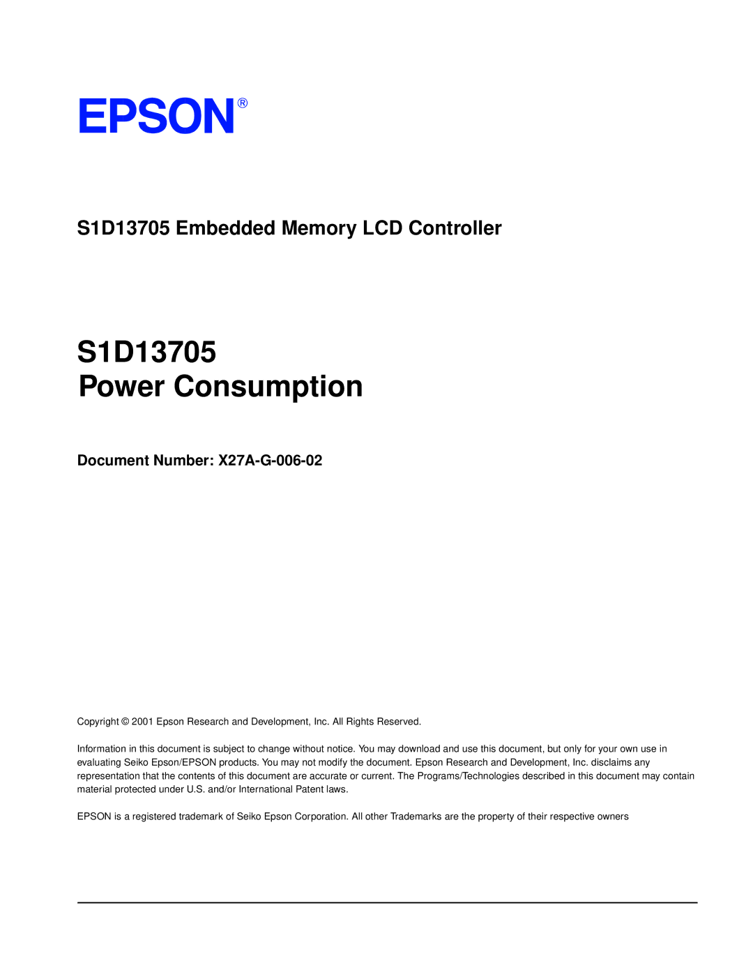 Epson technical manual S1D13705 Power Consumption, Document Number X27A-G-006-02 