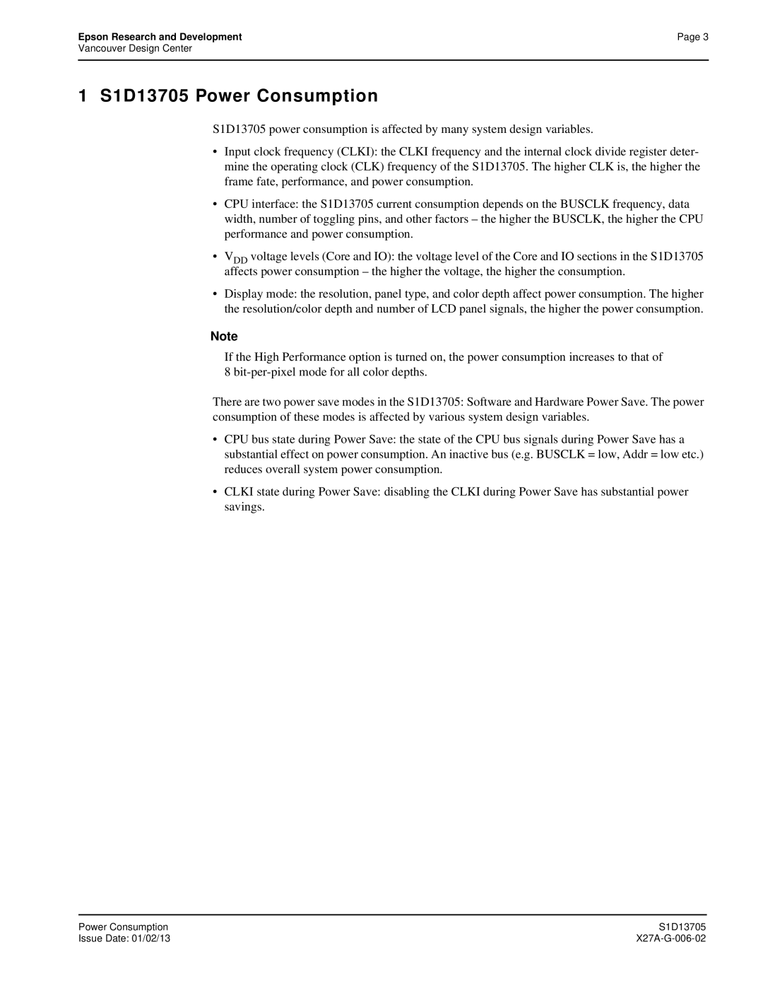 Epson technical manual S1D13705 Power Consumption 