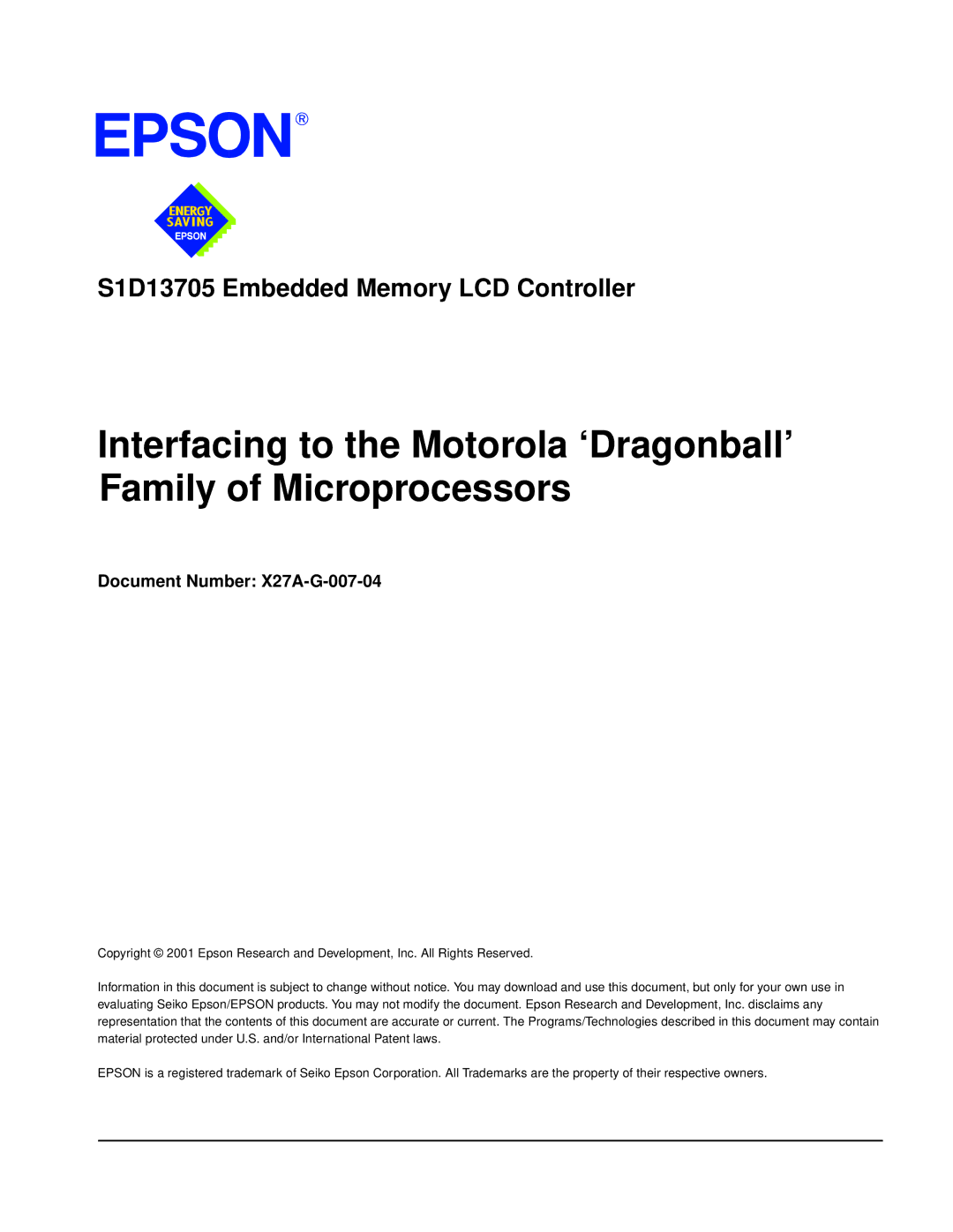 Epson S1D13705 technical manual Document Number X27A-G-007-04 