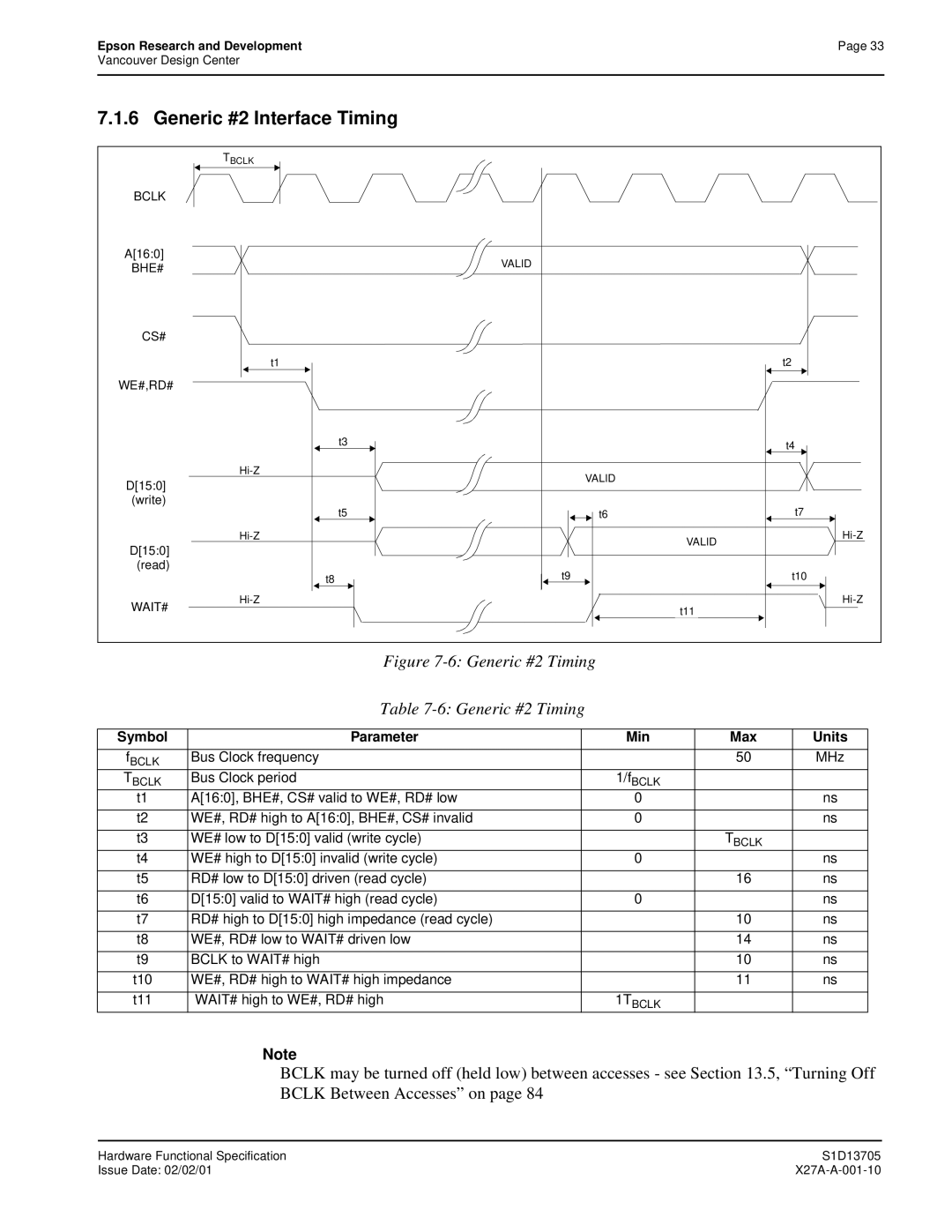 Epson S1D13705 technical manual Generic #2 Interface Timing, Generic #2 Timing 