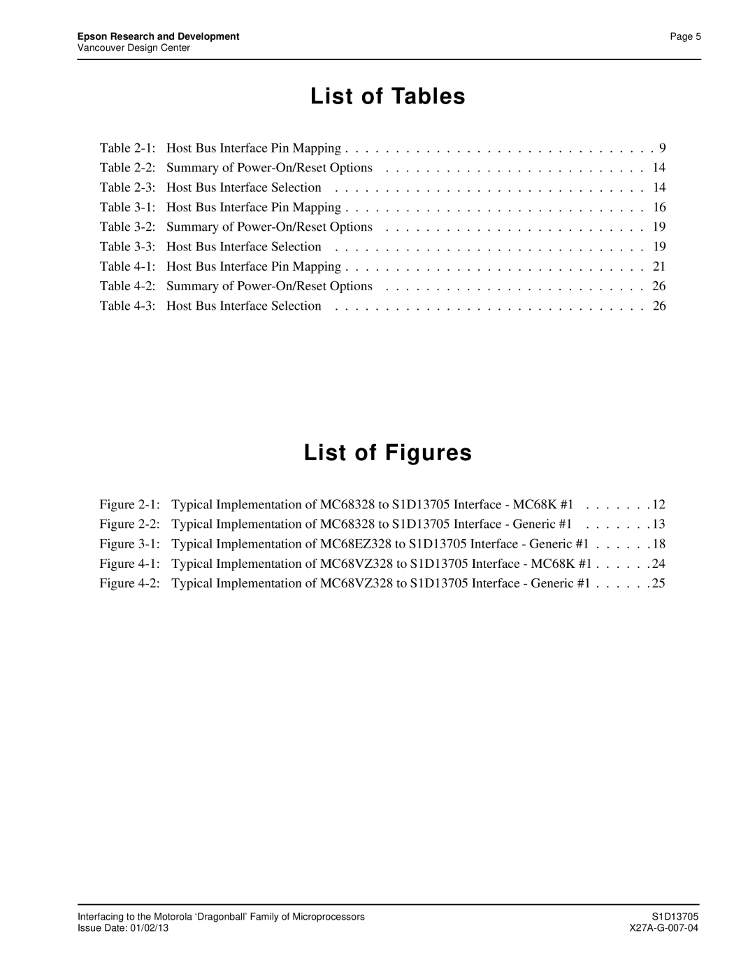 Epson S1D13705 technical manual List of Tables 