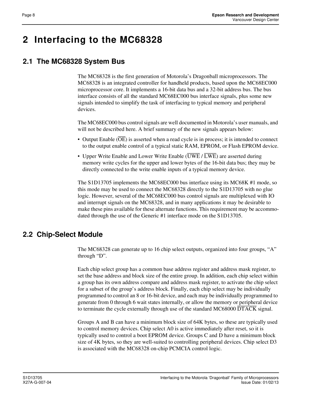 Epson S1D13705 technical manual Interfacing to the MC68328, MC68328 System Bus, Chip-Select Module 