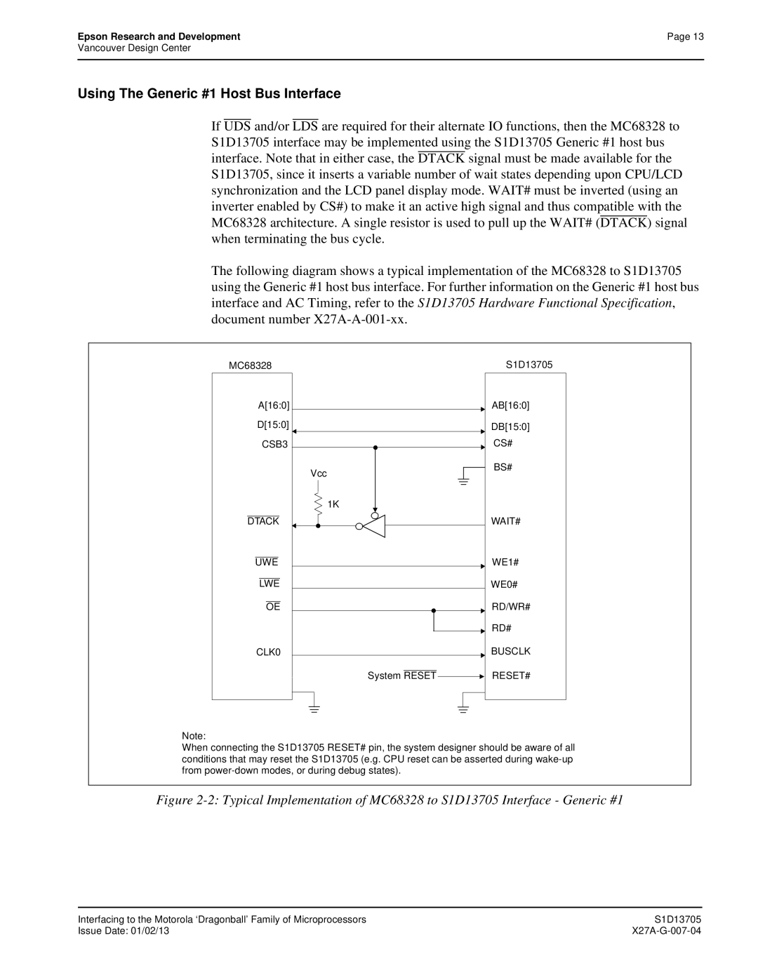 Epson S1D13705 technical manual Using The Generic #1 Host Bus Interface 