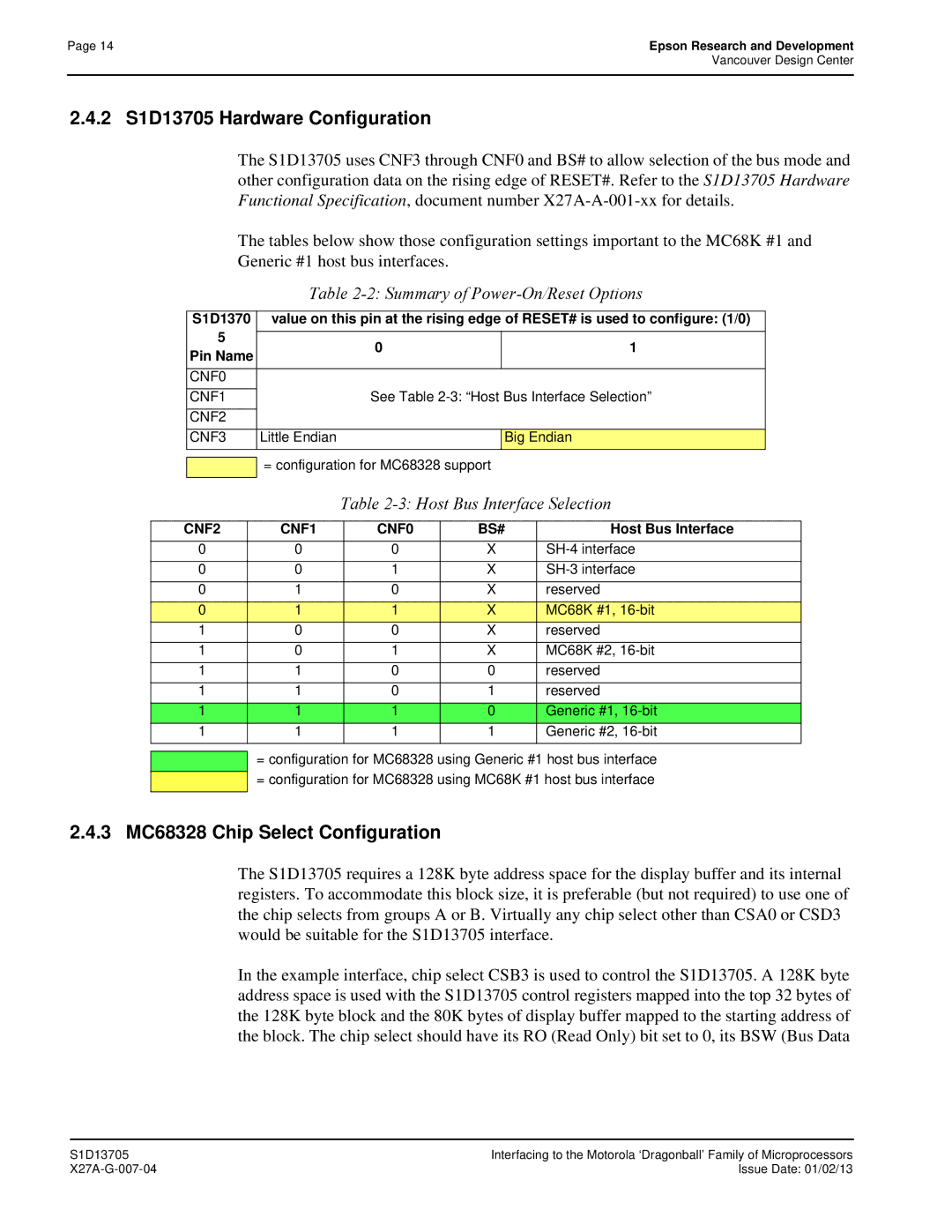 Epson 2 S1D13705 Hardware Configuration, 3 MC68328 Chip Select Configuration, Summary of Power-On/Reset Options 