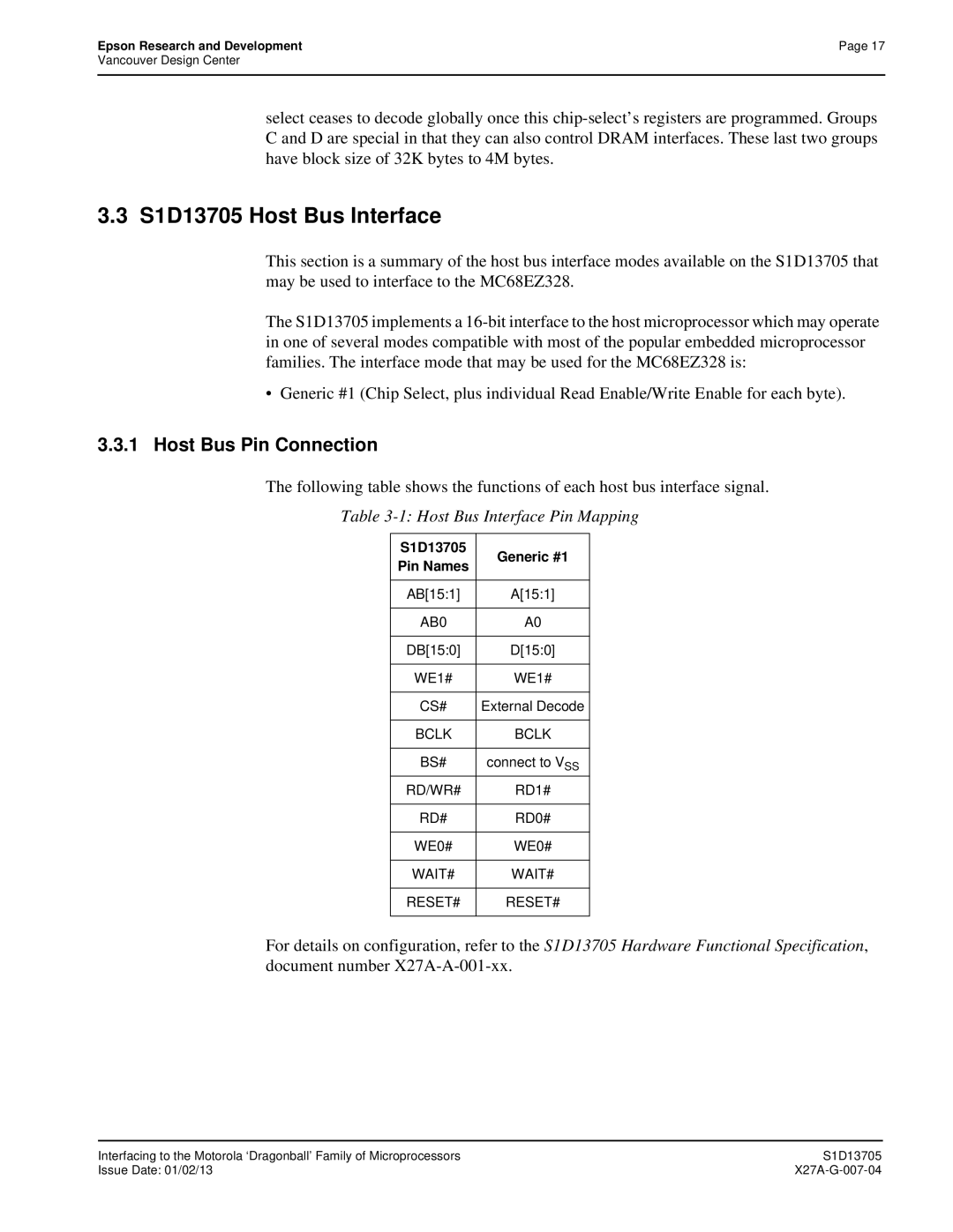 Epson technical manual S1D13705 Host Bus Interface, S1D13705 Generic #1 Pin Names 