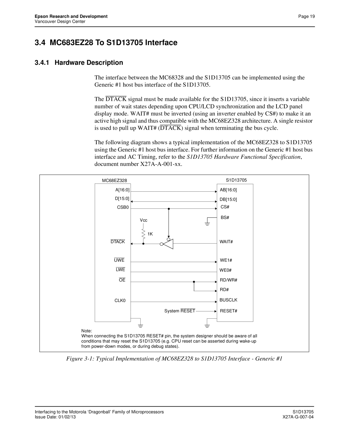 Epson technical manual MC683EZ28 To S1D13705 Interface, Hardware Description 