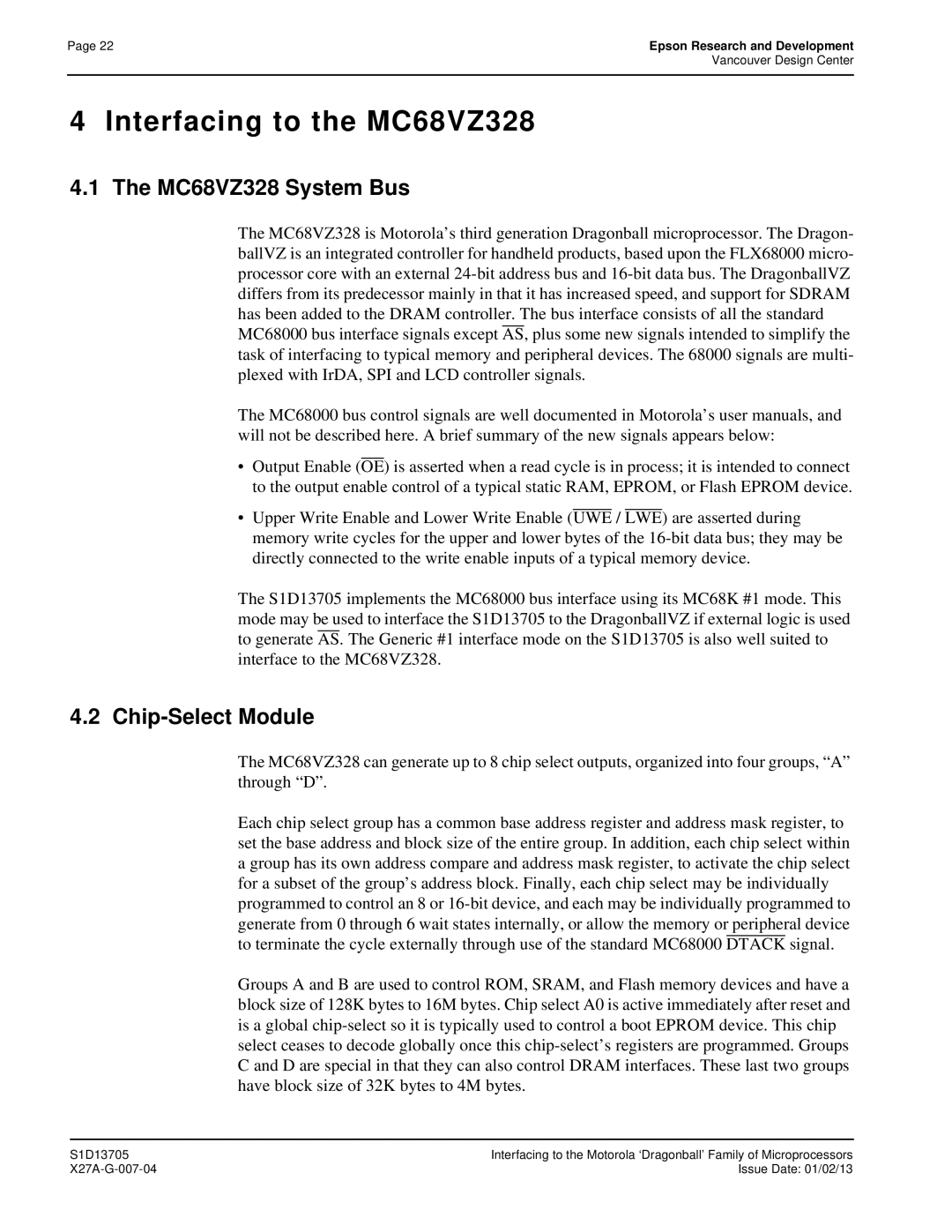 Epson S1D13705 technical manual Interfacing to the MC68VZ328, MC68VZ328 System Bus 