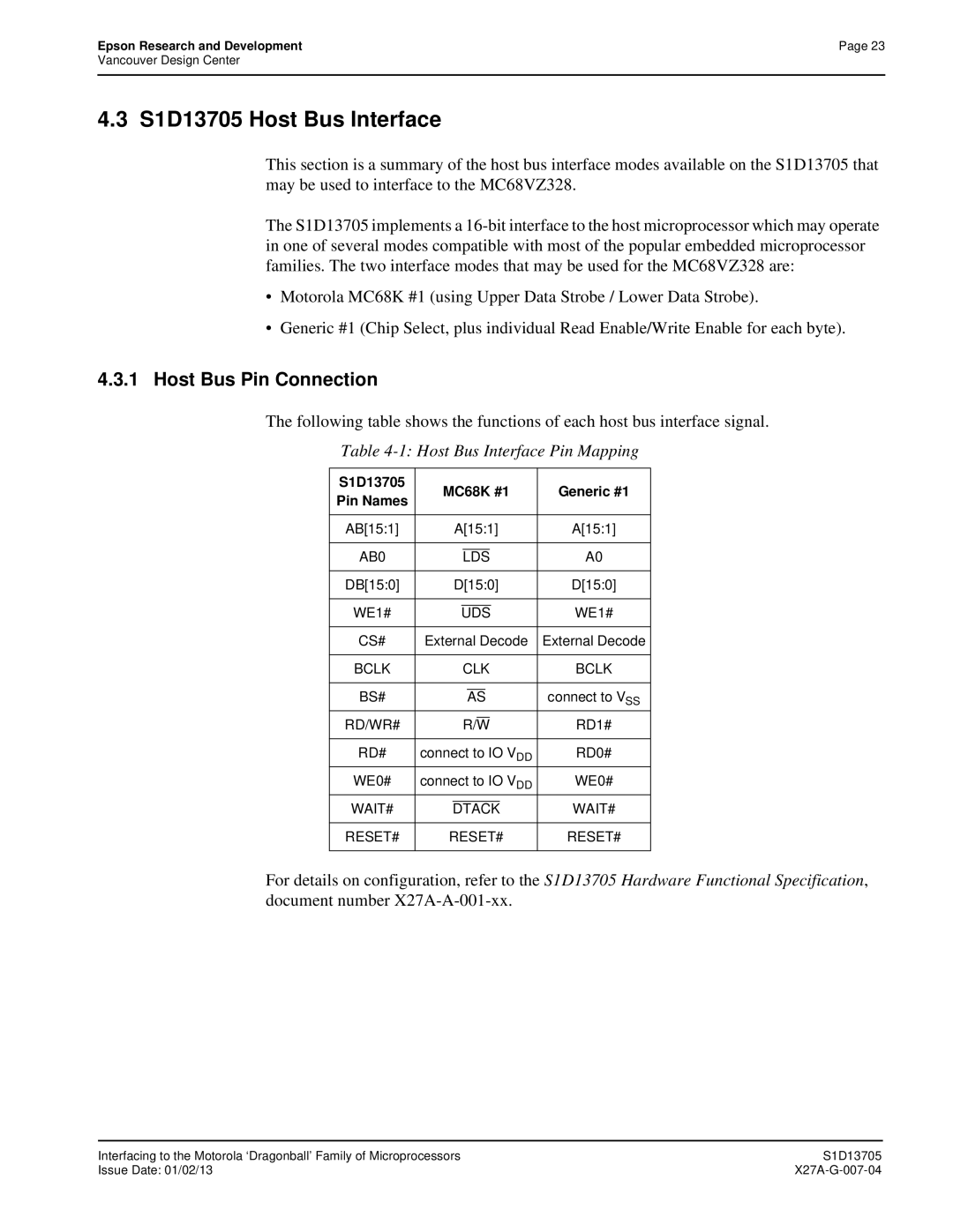 Epson technical manual S1D13705 Host Bus Interface 