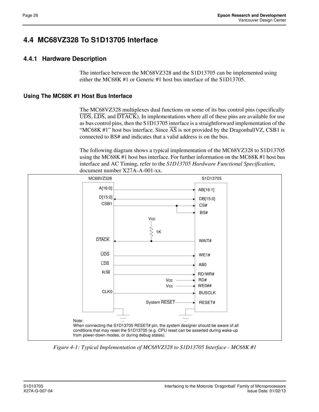 Epson technical manual MC68VZ328 To S1D13705 Interface, Hardware Description 