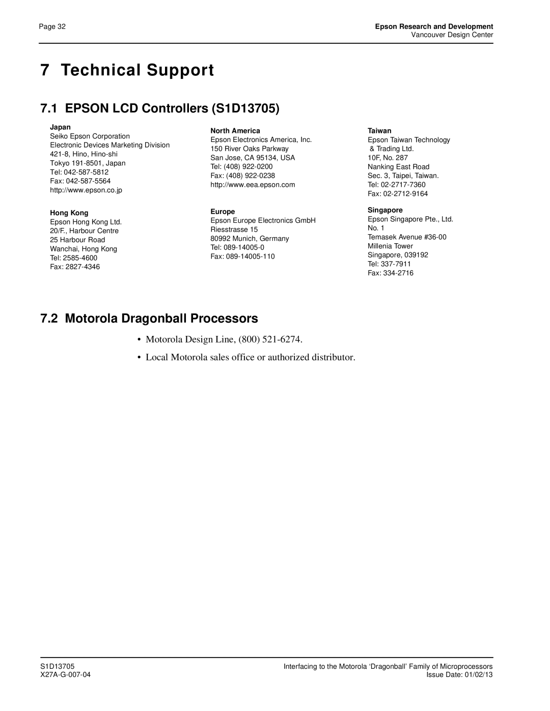 Epson S1D13705 technical manual Technical Support, Motorola Dragonball Processors 