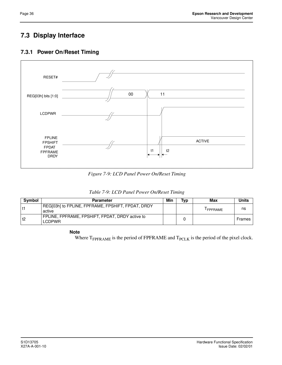 Epson S1D13705 technical manual Display Interface, Power On/Reset Timing, Symbol Parameter Min Typ Max Units 