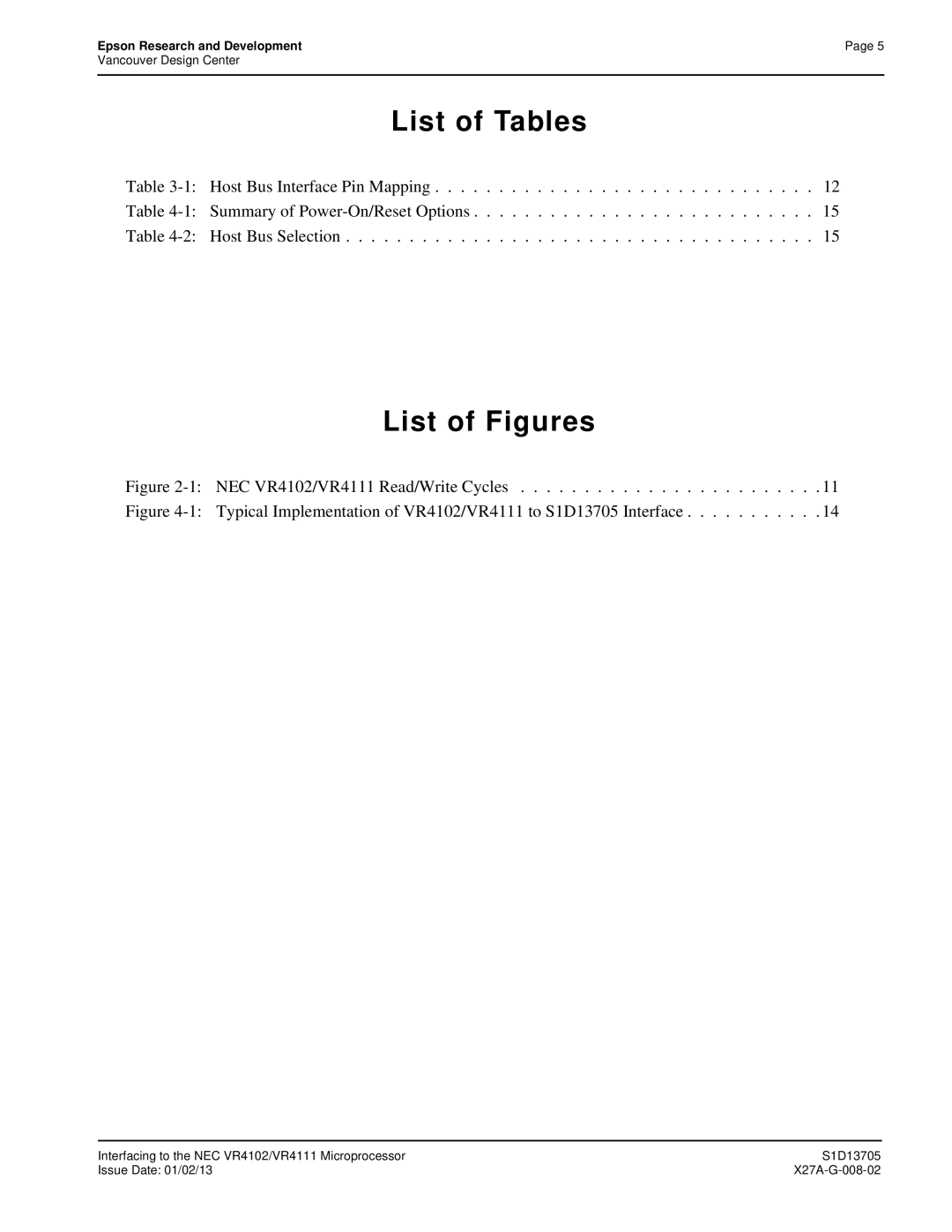 Epson S1D13705 technical manual List of Tables, NEC VR4102/VR4111 Read/Write Cycles 