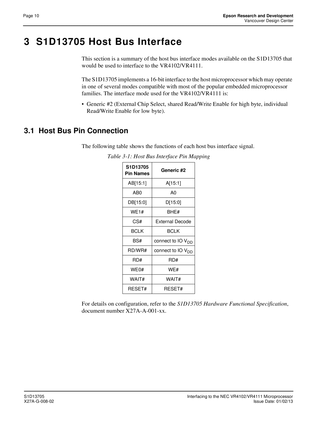 Epson technical manual S1D13705 Host Bus Interface, S1D13705 Generic #2 Pin Names 