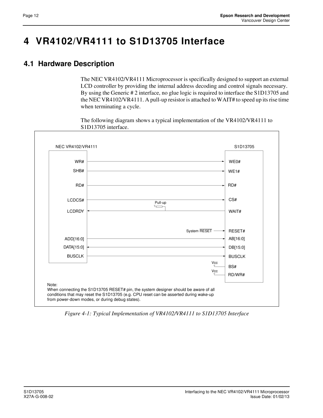 Epson technical manual VR4102/VR4111 to S1D13705 Interface, Busclk BS# RD/WR# 