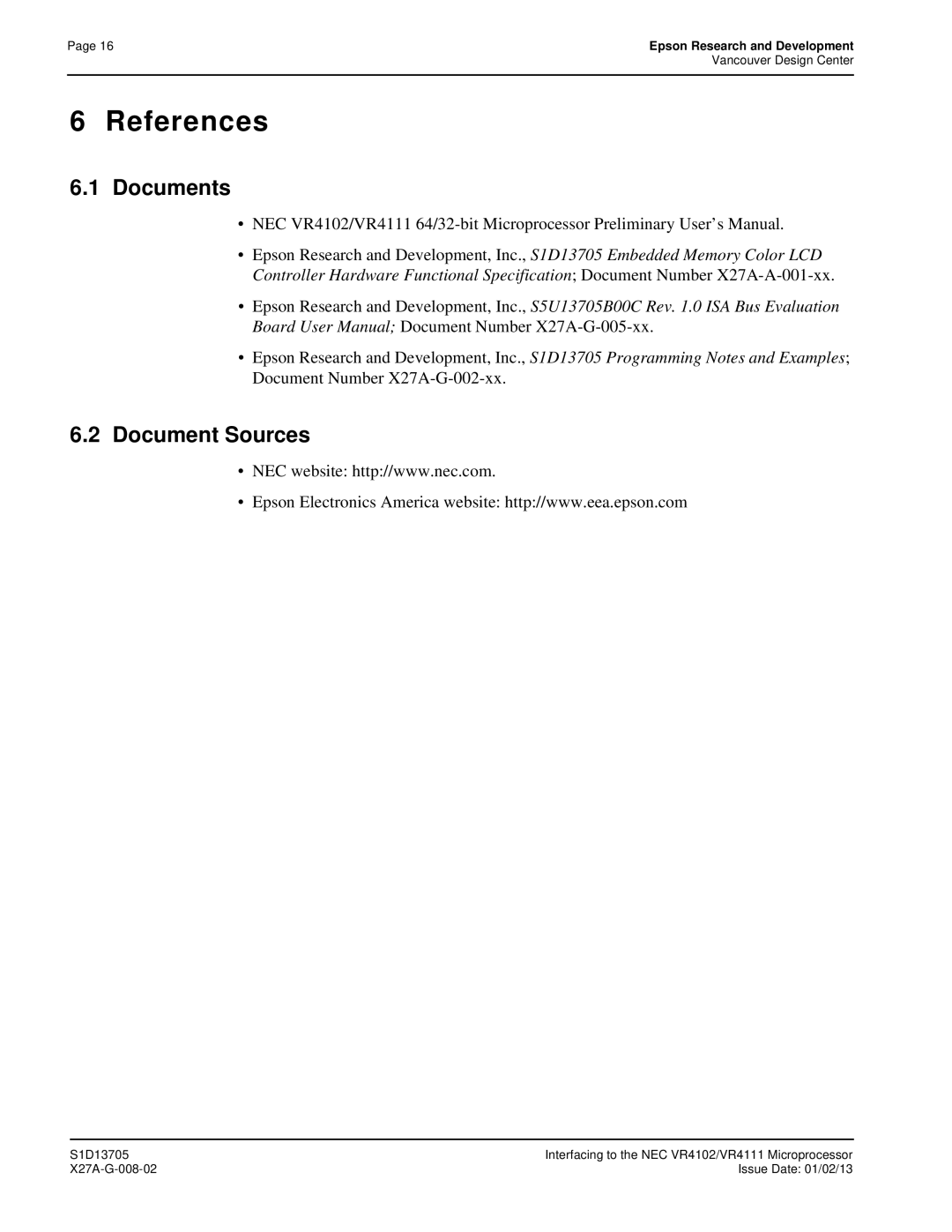 Epson S1D13705 technical manual References 