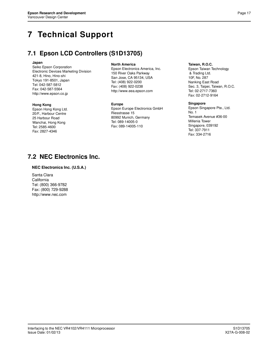 Epson S1D13705 technical manual NEC Electronics Inc. U.S.A, Santa Clara California Tel 800 Fax 800 