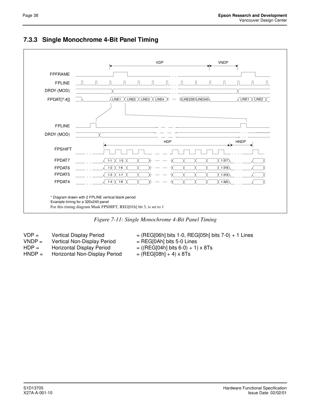 Epson S1D13705 technical manual Single Monochrome 4-Bit Panel Timing 