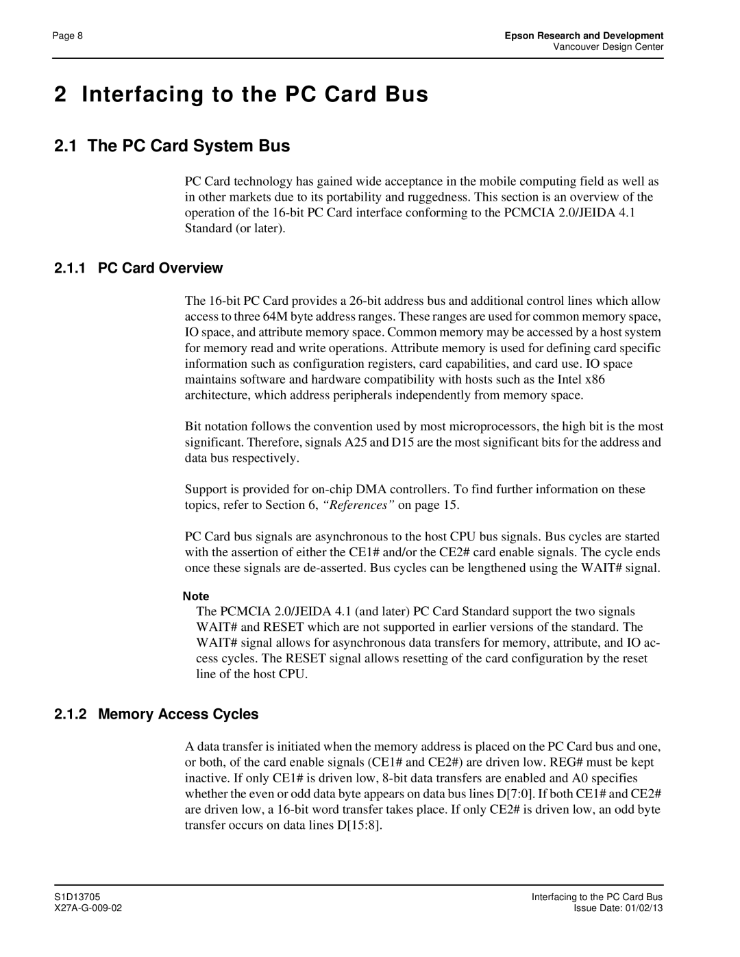 Epson S1D13705 technical manual Interfacing to the PC Card Bus, PC Card System Bus, PC Card Overview, Memory Access Cycles 