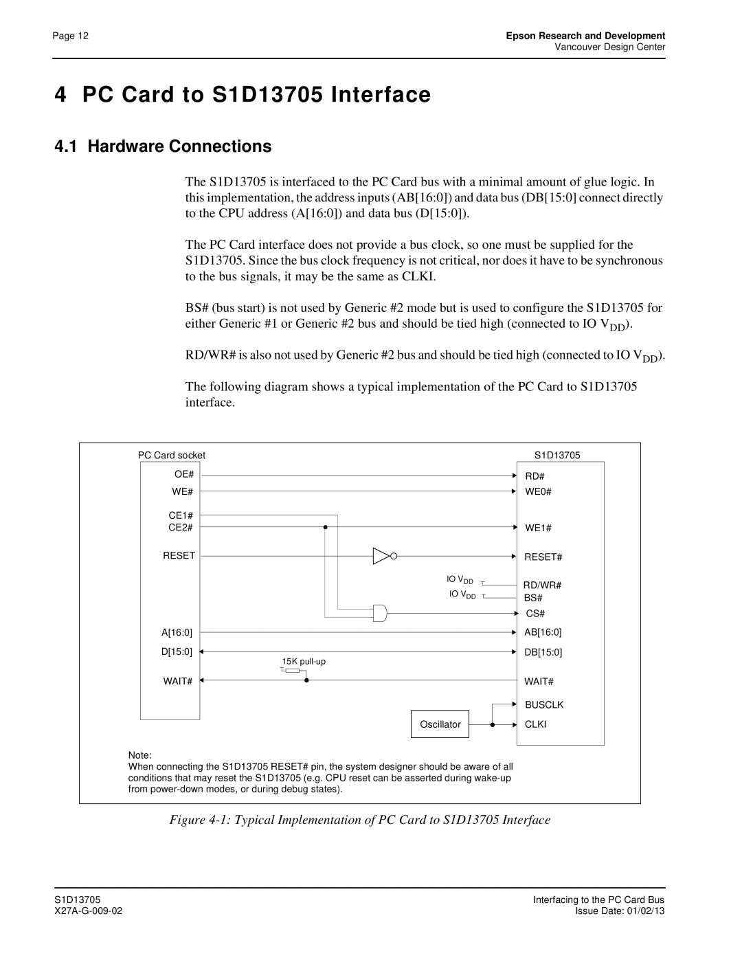 Epson technical manual PC Card to S1D13705 Interface, Hardware Connections 