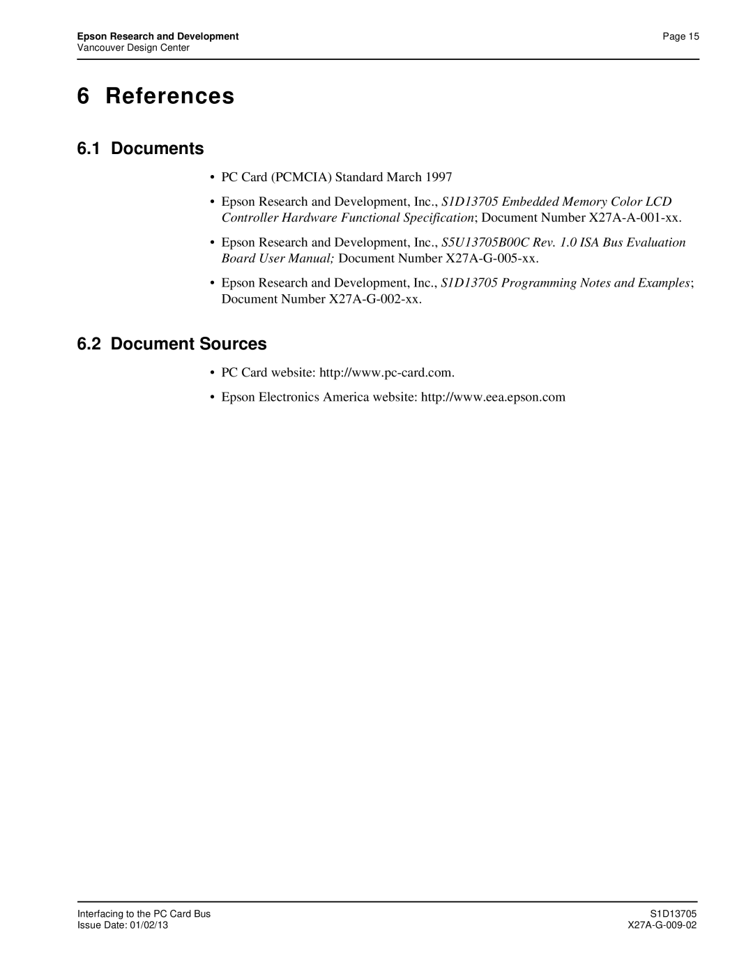 Epson S1D13705 technical manual References, PC Card Pcmcia Standard March 