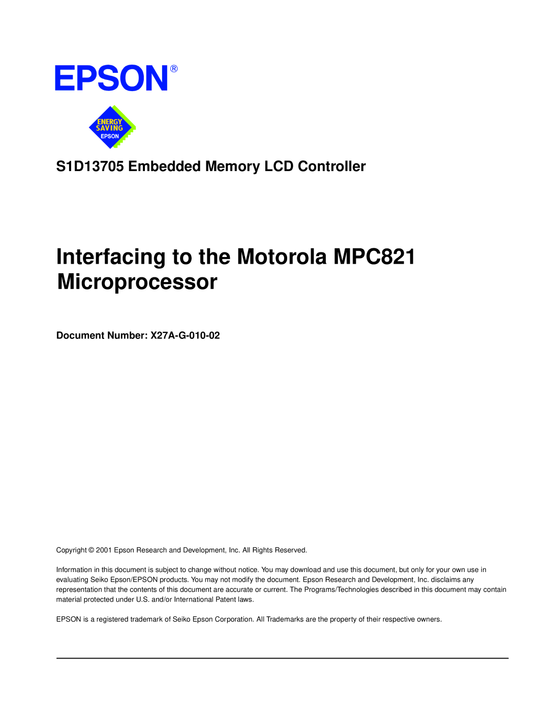 Epson S1D13705 technical manual Interfacing to the Motorola MPC821 Microprocessor, Document Number X27A-G-010-02 