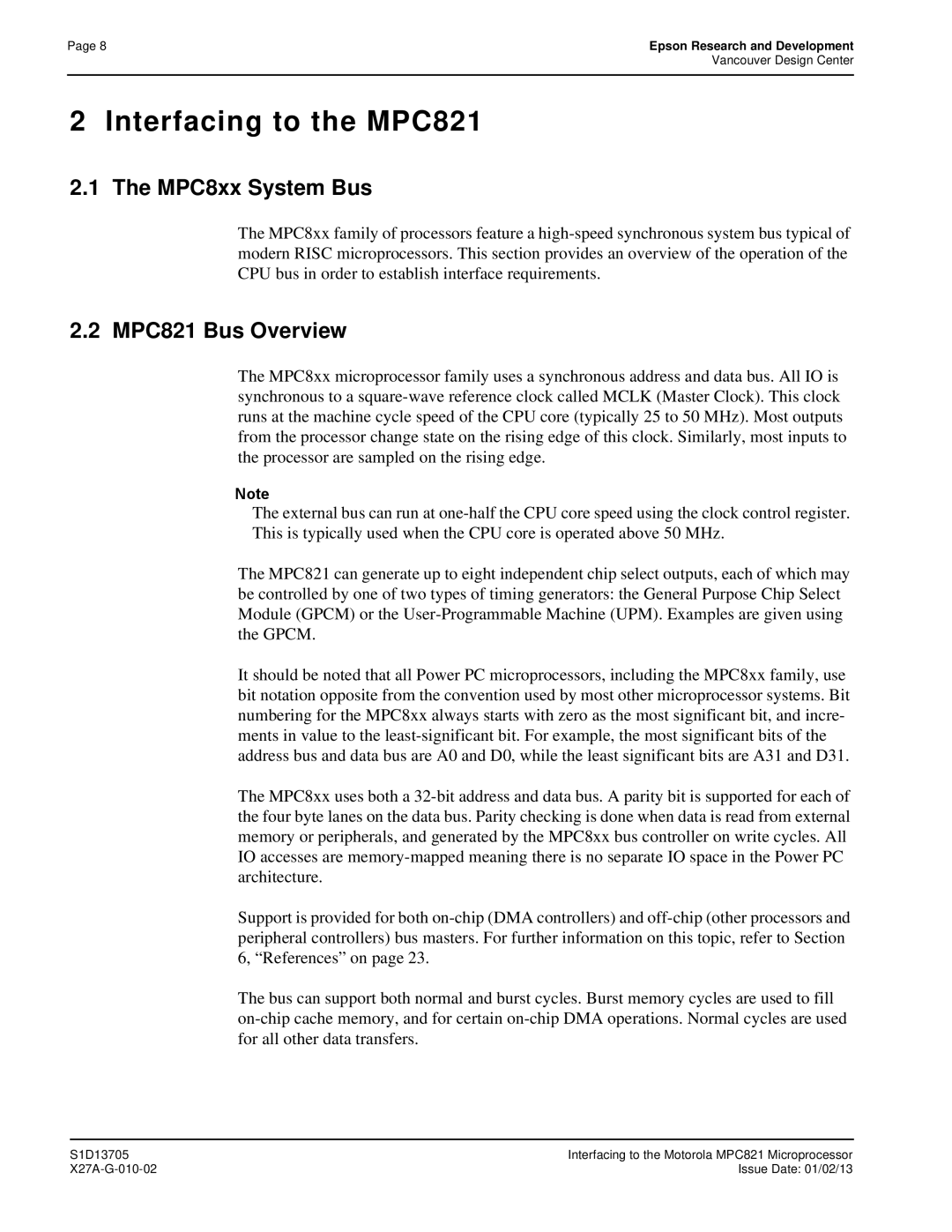 Epson S1D13705 technical manual Interfacing to the MPC821, MPC8xx System Bus, MPC821 Bus Overview 