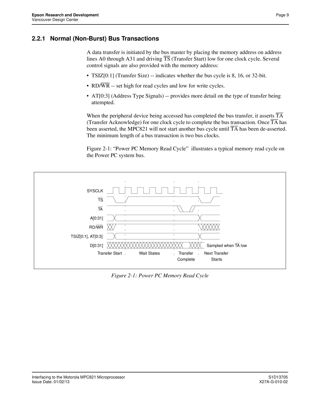 Epson S1D13705 technical manual Normal Non-Burst Bus Transactions, Power PC Memory Read Cycle 