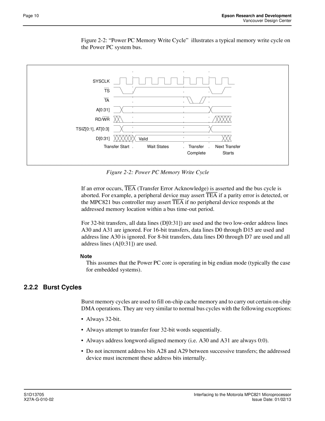 Epson S1D13705 technical manual Burst Cycles, Power PC Memory Write Cycle 