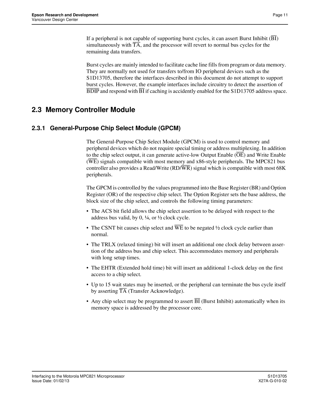 Epson S1D13705 technical manual Memory Controller Module, General-Purpose Chip Select Module Gpcm 