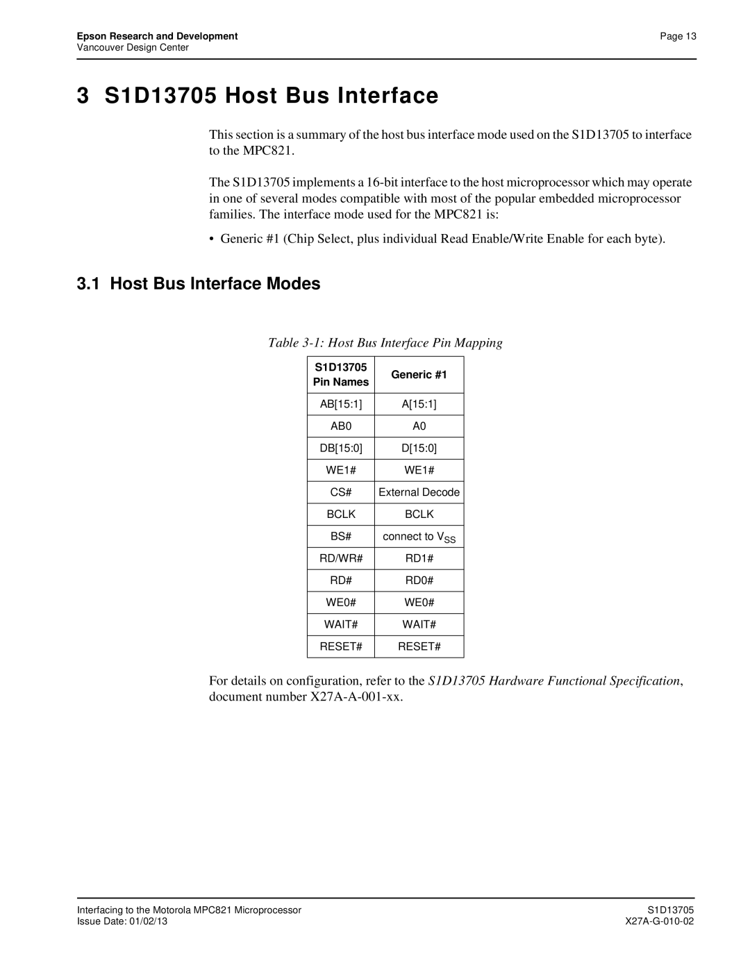 Epson technical manual S1D13705 Host Bus Interface, Host Bus Interface Modes 