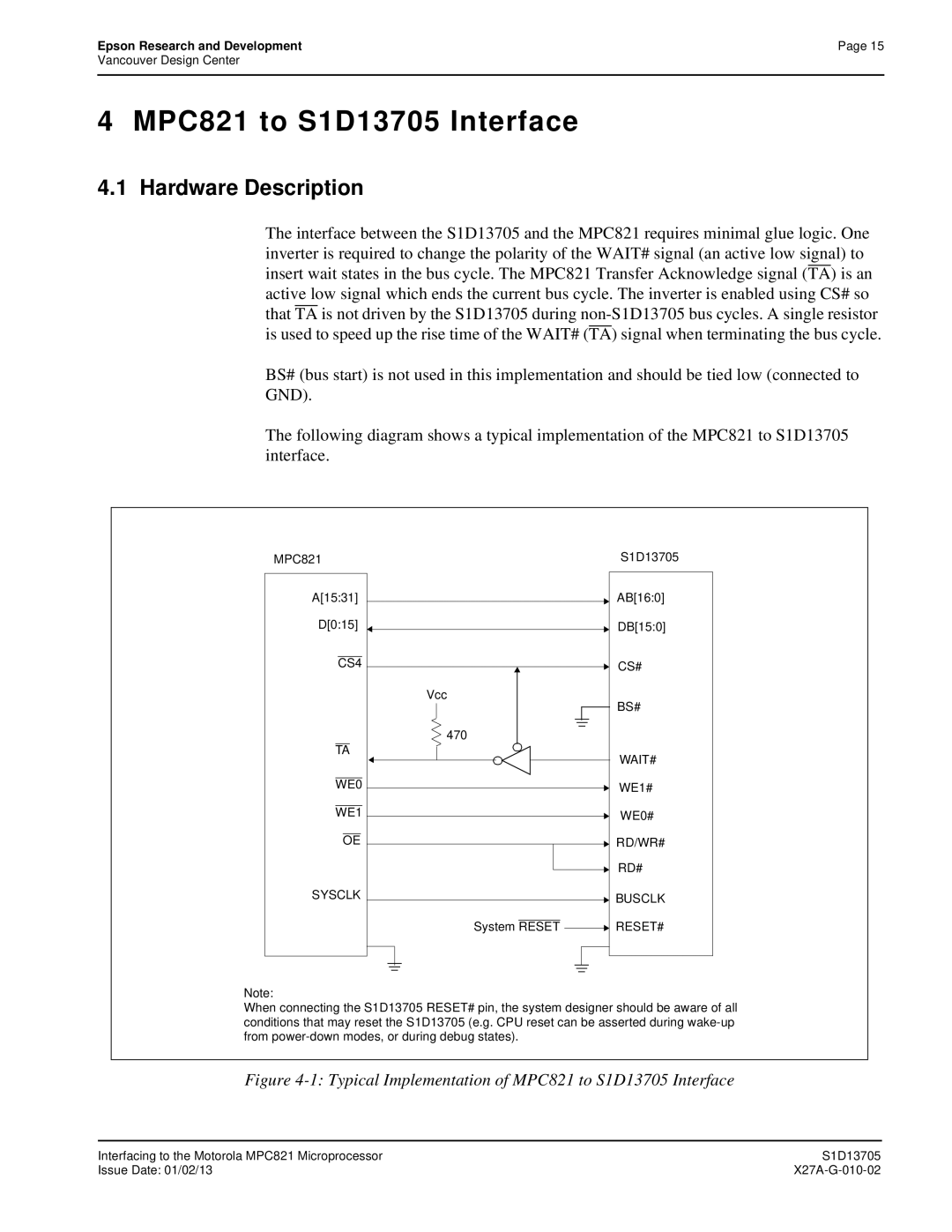 Epson technical manual Typical Implementation of MPC821 to S1D13705 Interface 