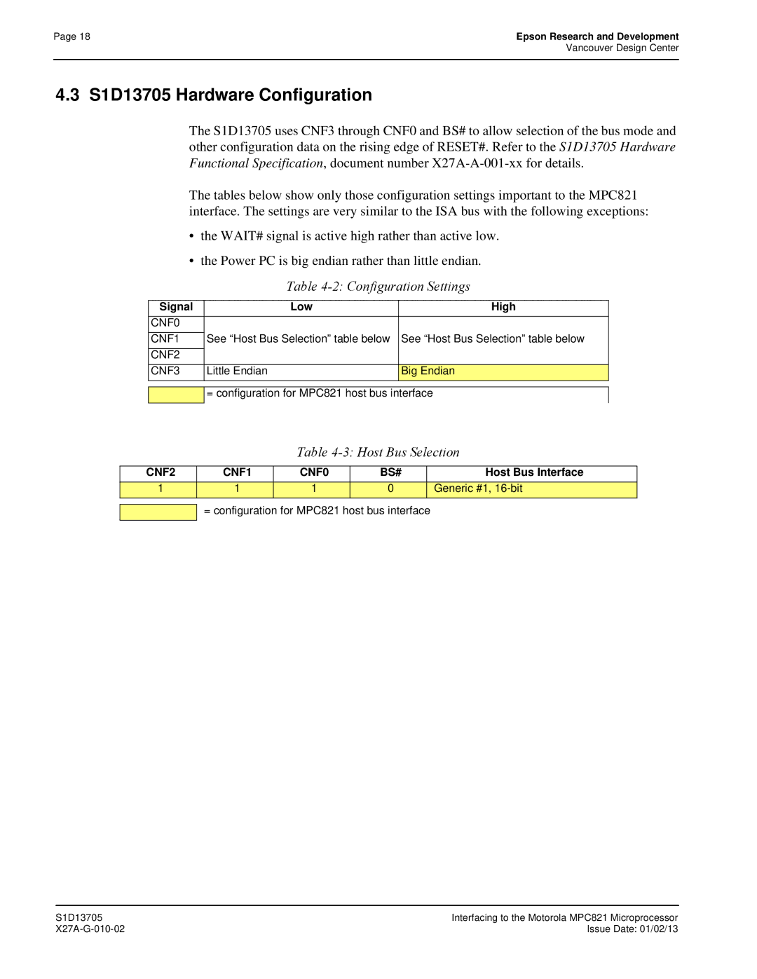 Epson technical manual S1D13705 Hardware Configuration, Configuration Settings 