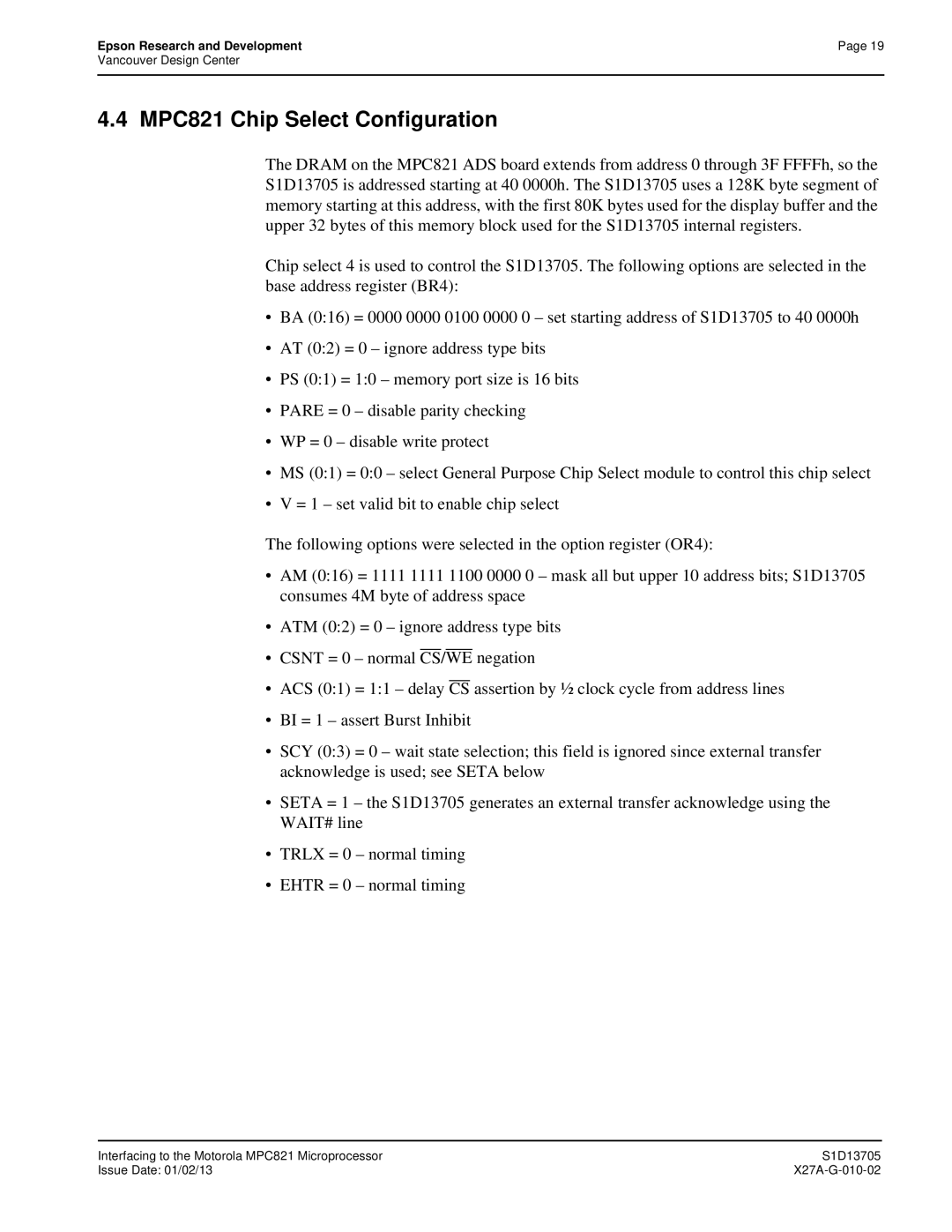 Epson S1D13705 technical manual MPC821 Chip Select Configuration 